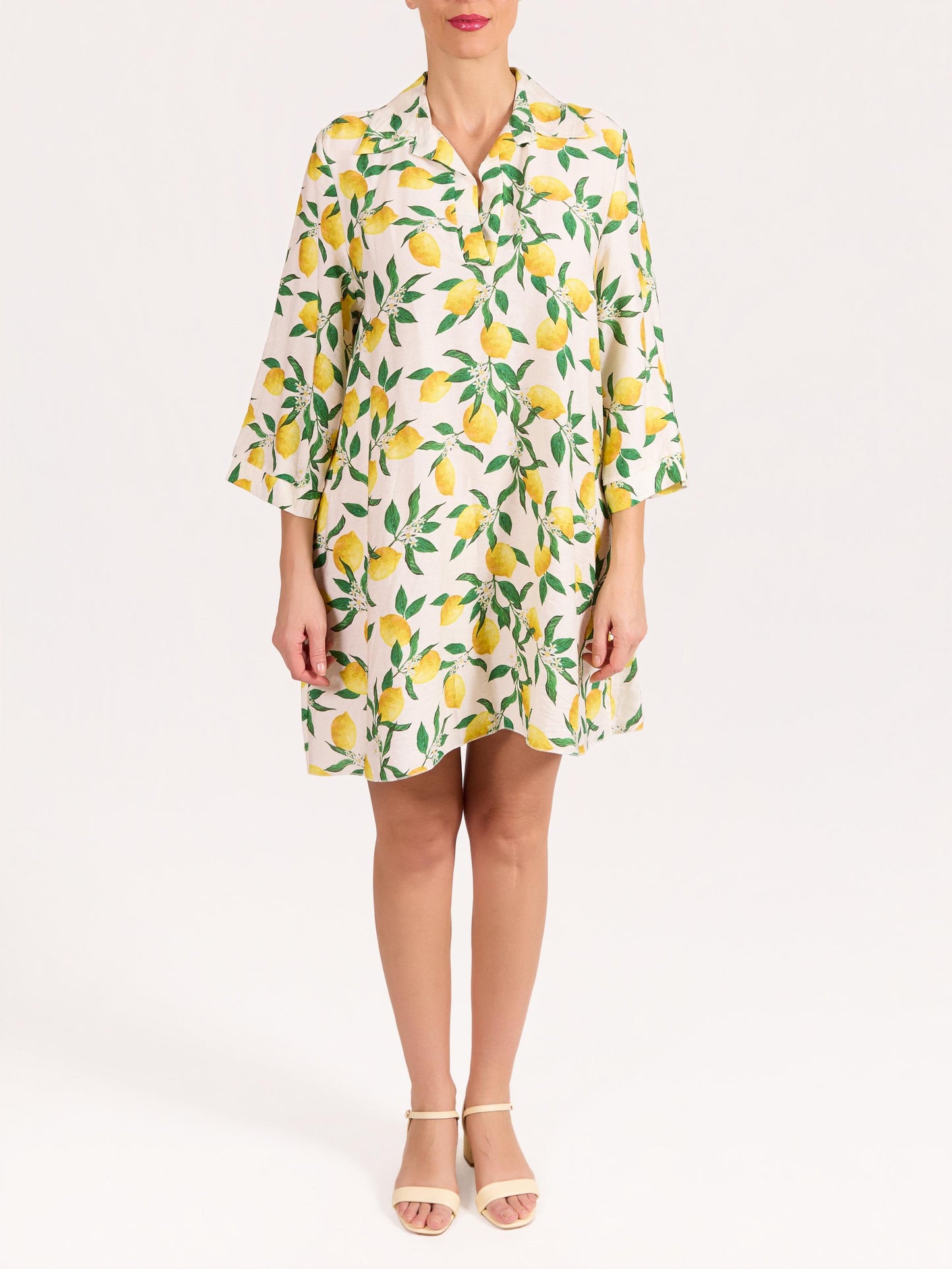 White 3/4 Sleeve V Neck Lemon Dress