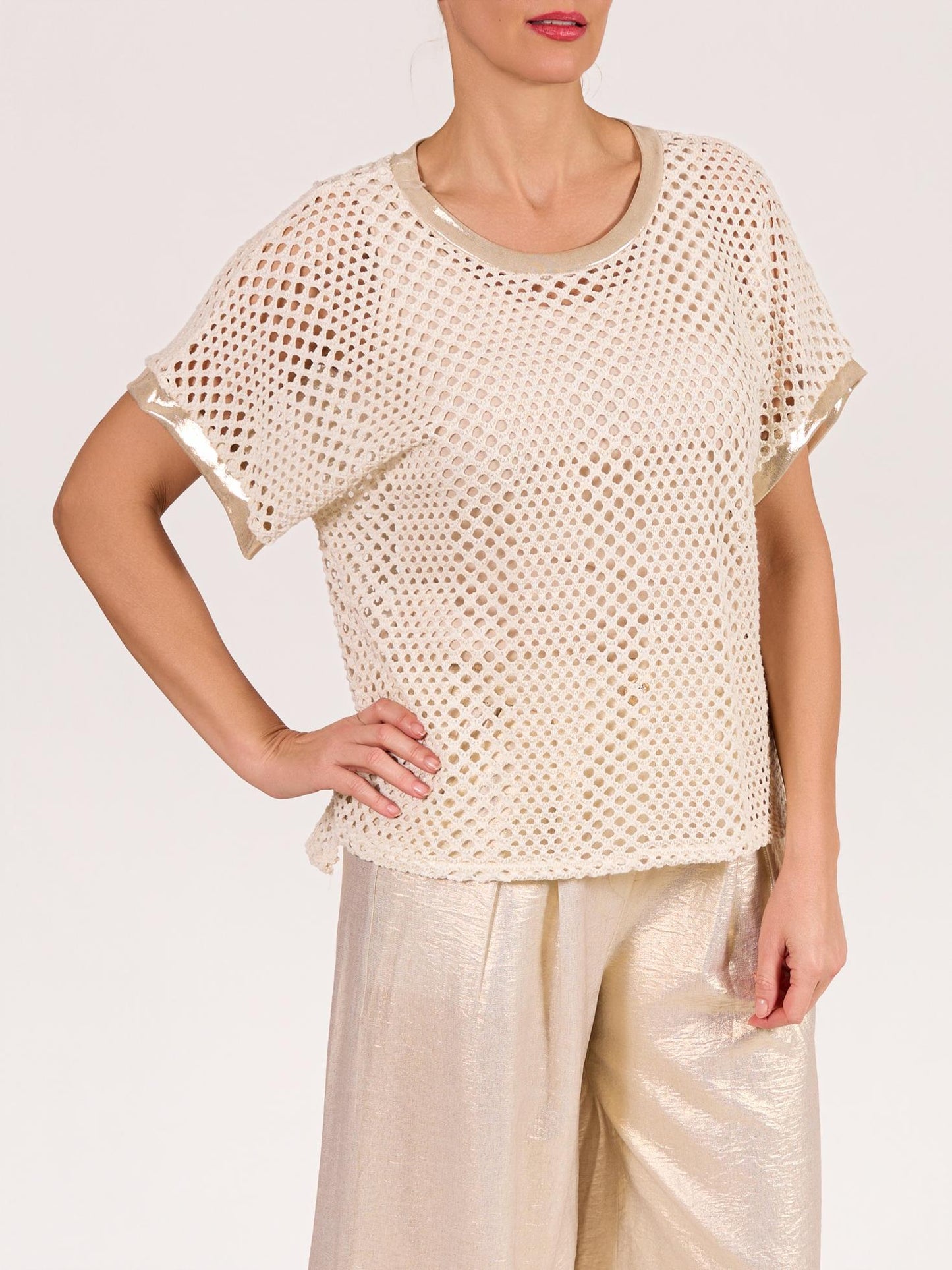 Champagne Short Sleeve Foil Trim HI LOW Crochet Top