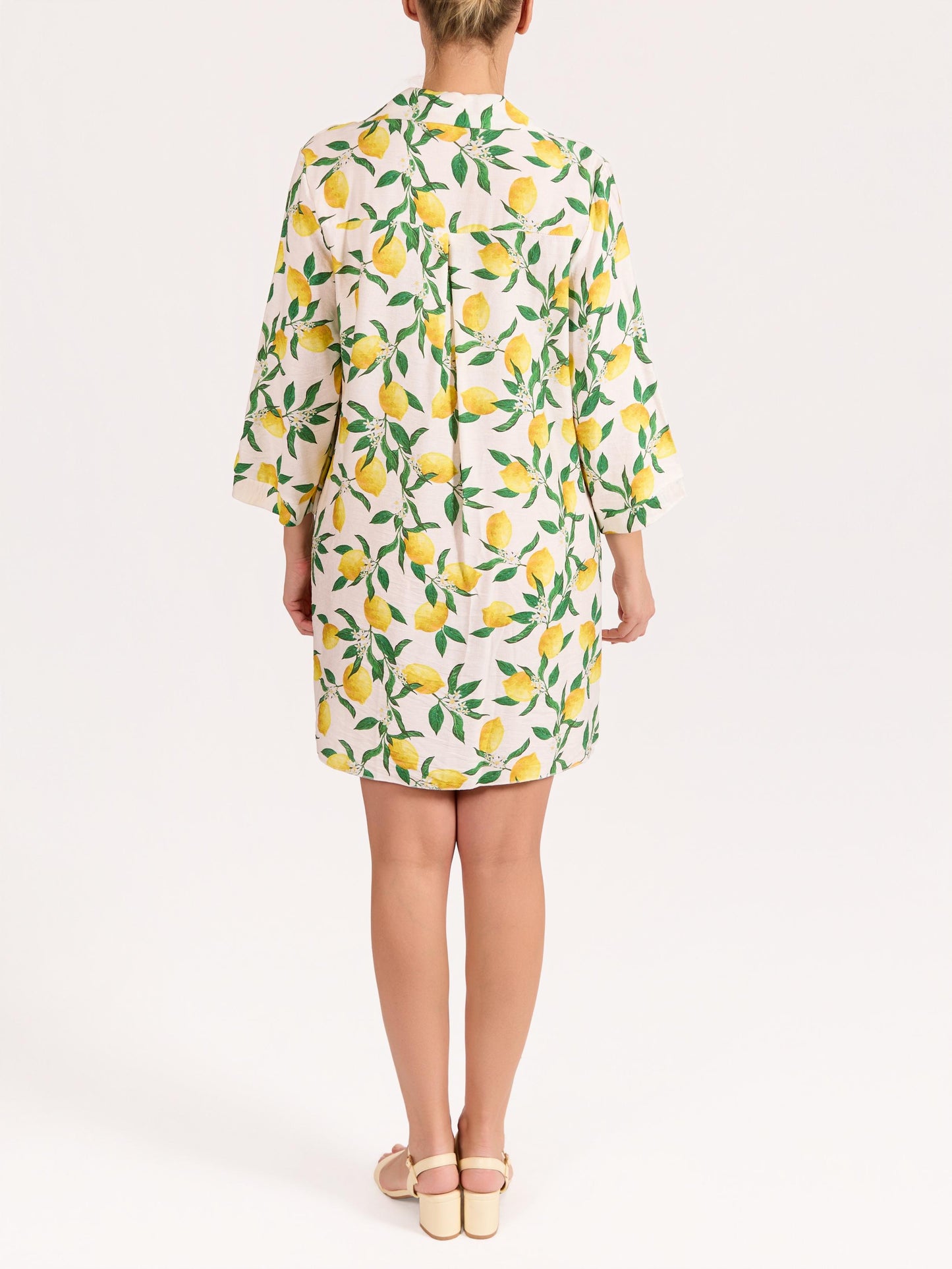 White 3/4 Sleeve V Neck Lemon Dress