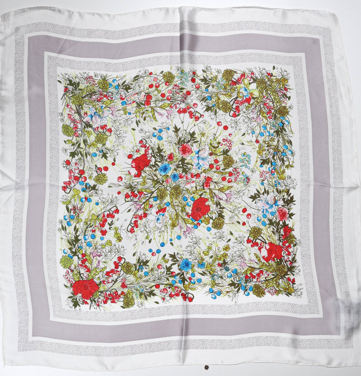 Decorative Silk Scarf with Floral Center & Grey Borders