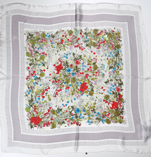 Decorative Silk Scarf with Floral Center & Grey Borders