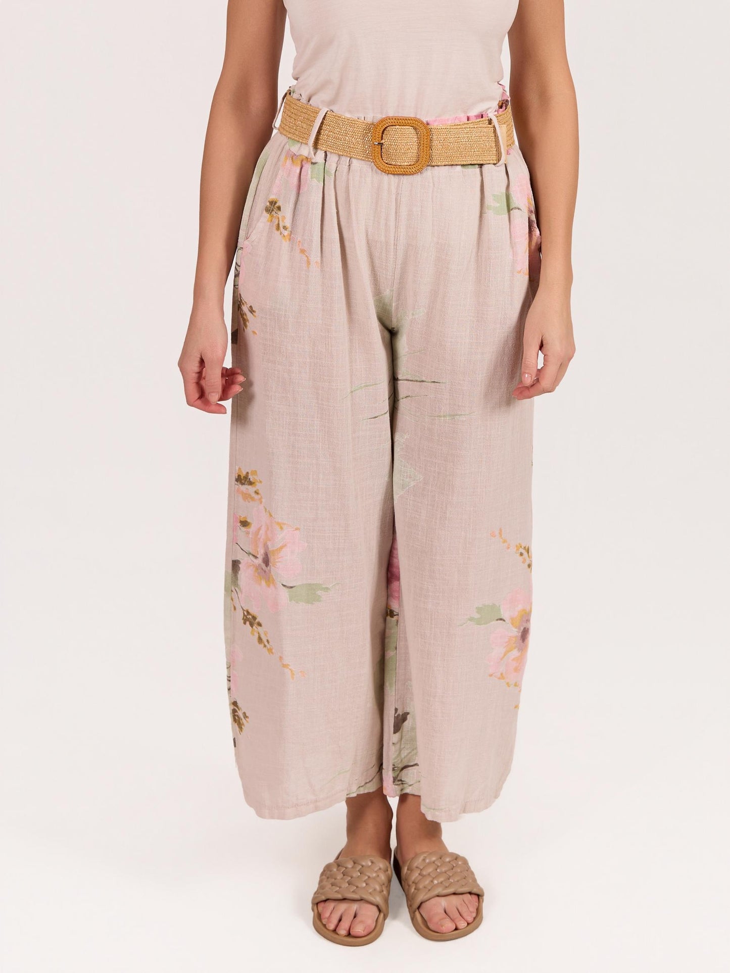 Beige Pull on Drawstring Floral Pant