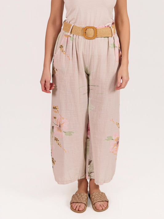 Beige Pull on Drawstring Floral Pant