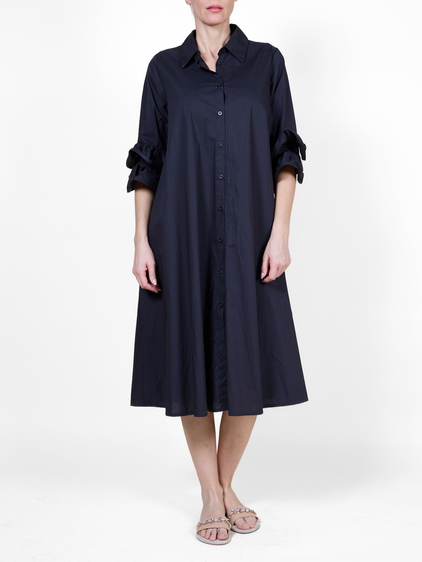 Black Button Front Dress with 3/4 Ruffle Sleeves