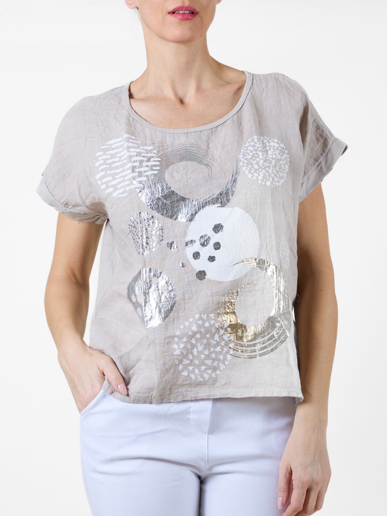 Beige T-Shirt with Abstract White, Silver & Gold Circle Design