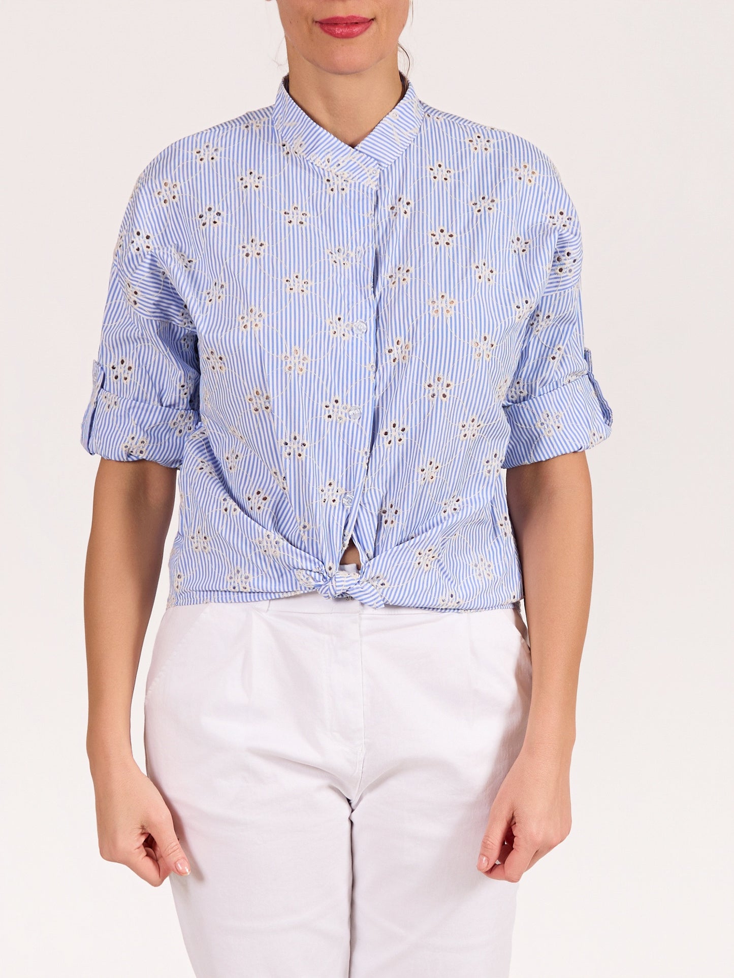 Blue Button Front Mandarin Collar Eyelet Stripe Shirt
