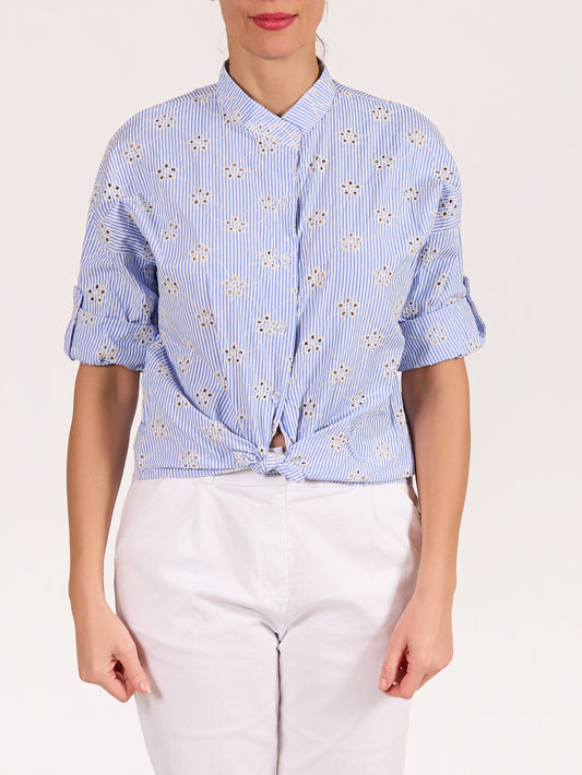 Blue Button Front Mandarin Collar Eyelet Stripe Shirt