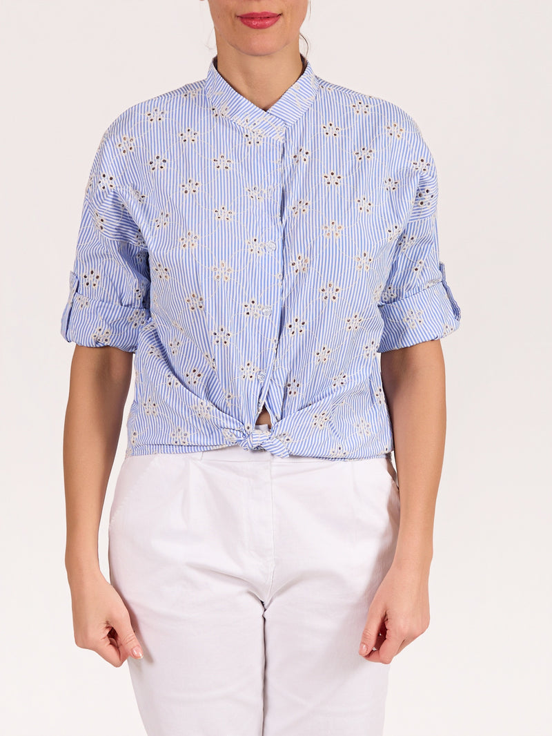 Blue Button Front Mandarin Collar Eyelet Stripe Shirt