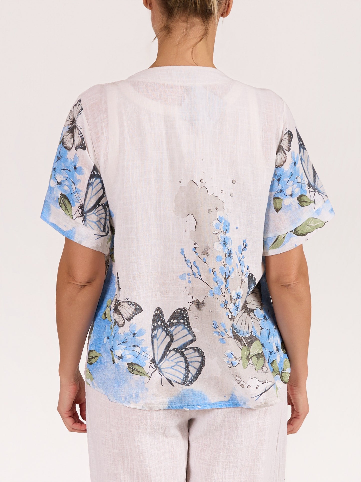 White Short Sleeve 1 Button Butterfly Border Print Shirt