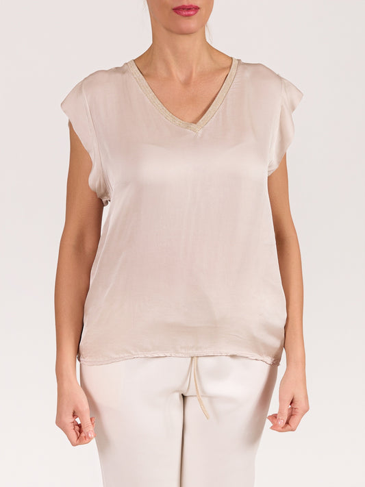 Beige V Neck Lurex Detail Satin Short Sleeve Top
