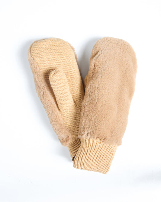 Camel Faux Fur Mittens With Knit Palm And Cuff