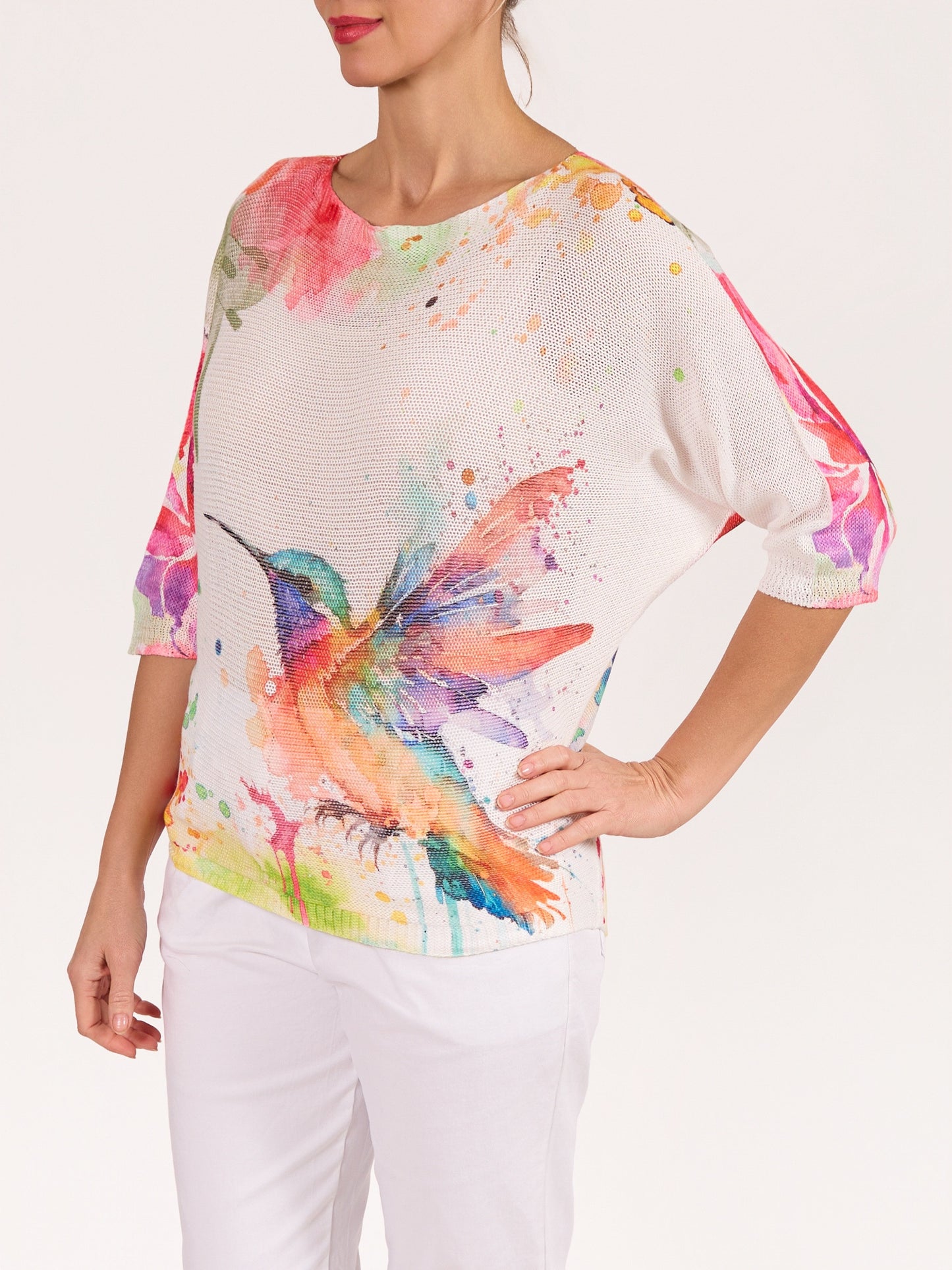 White Boat Neck Elbow Sleeve Hummingbird Pullover