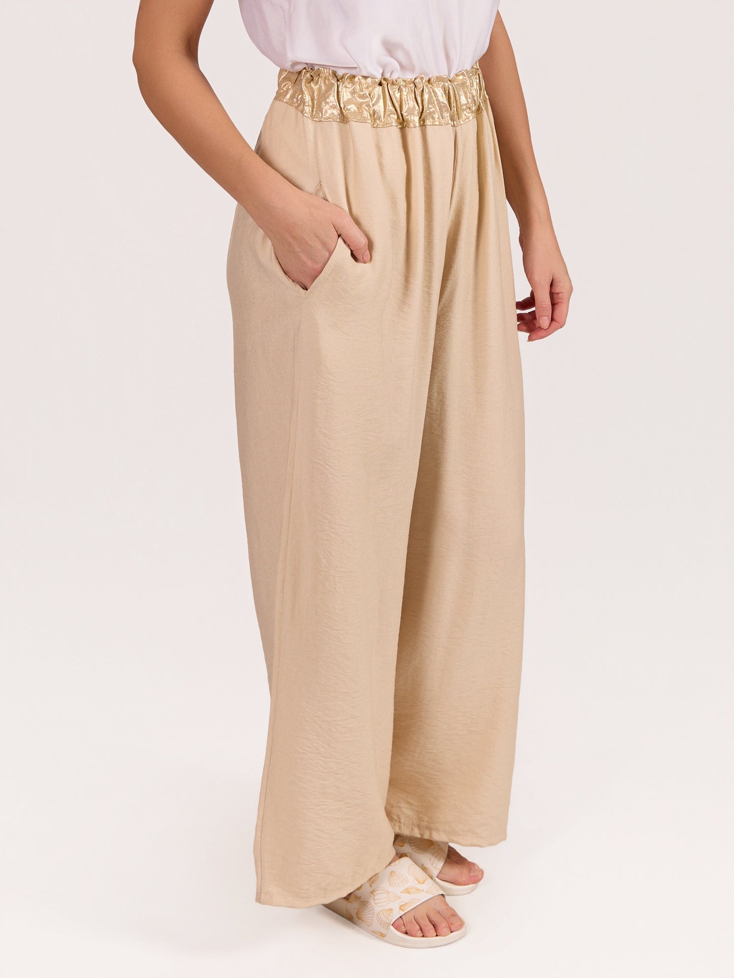 Beige Pull On Foil Waist Wide Leg Pant