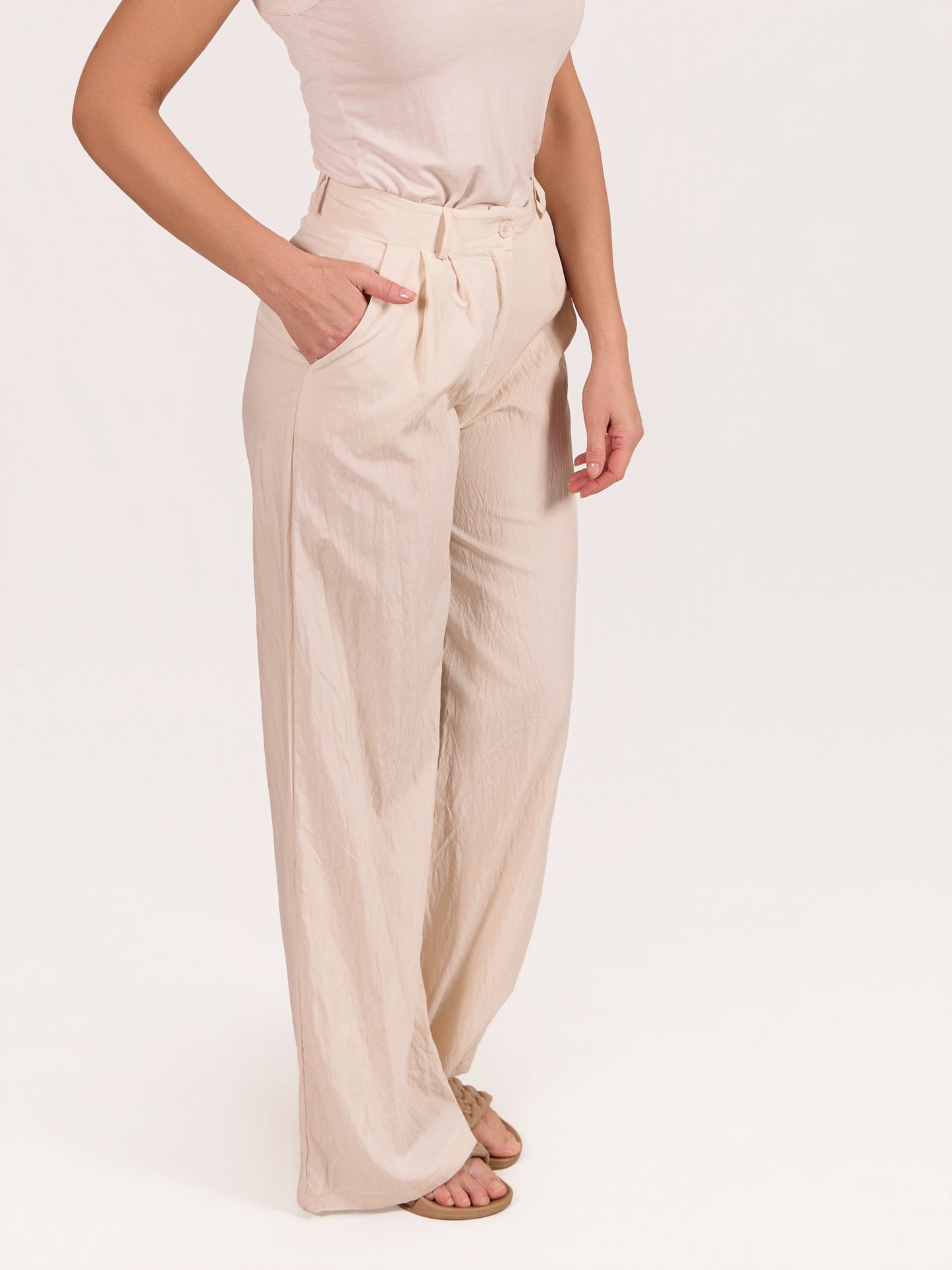 Beige Button Front Crinkle Pant