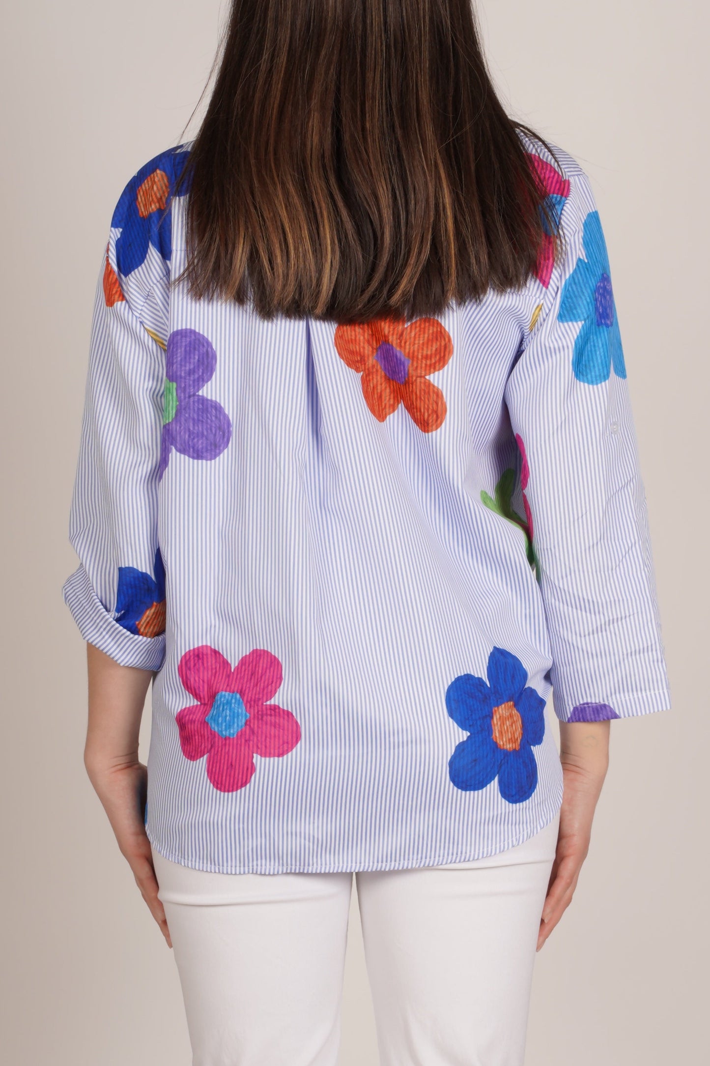 Ocean Blue Long Sleeve Button-Up Top with Daisy Print