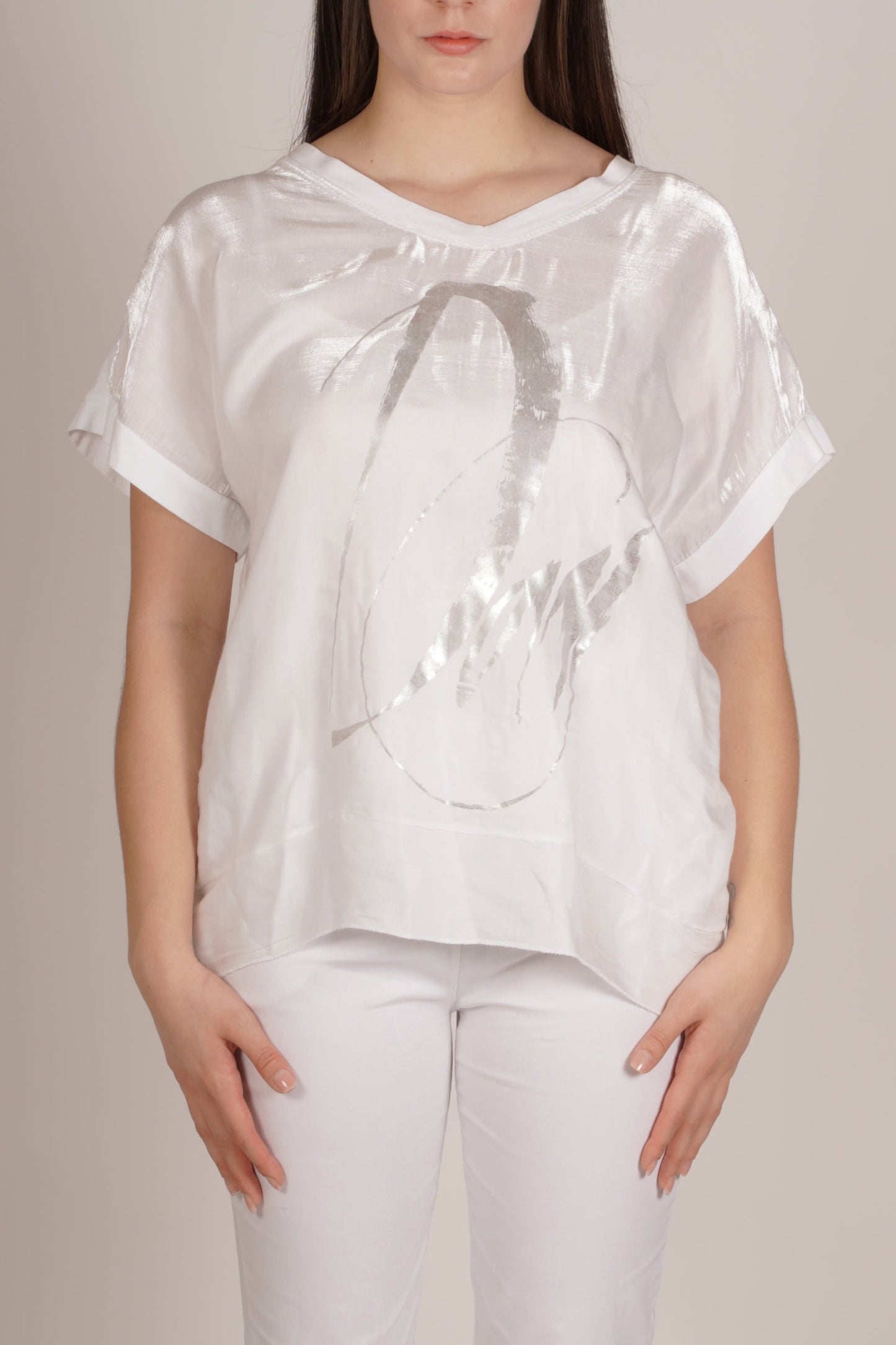 White Drop Shoulder Combo Knit Shimmer Top