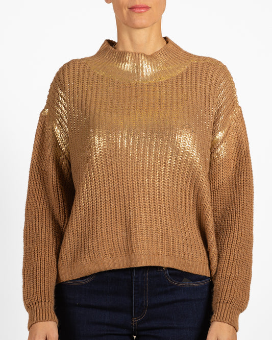 Cognac Mock Neck Gold Foil Front Box Fit Sweater