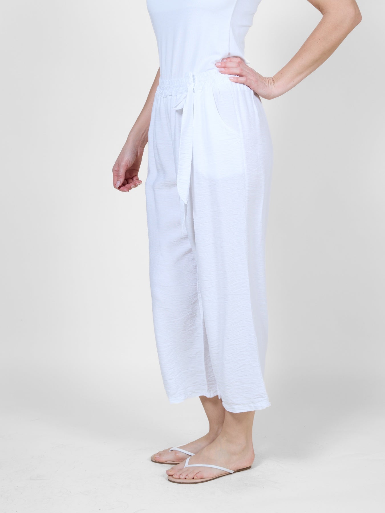 White Cropped Pull-On Pants with Tie Waistband