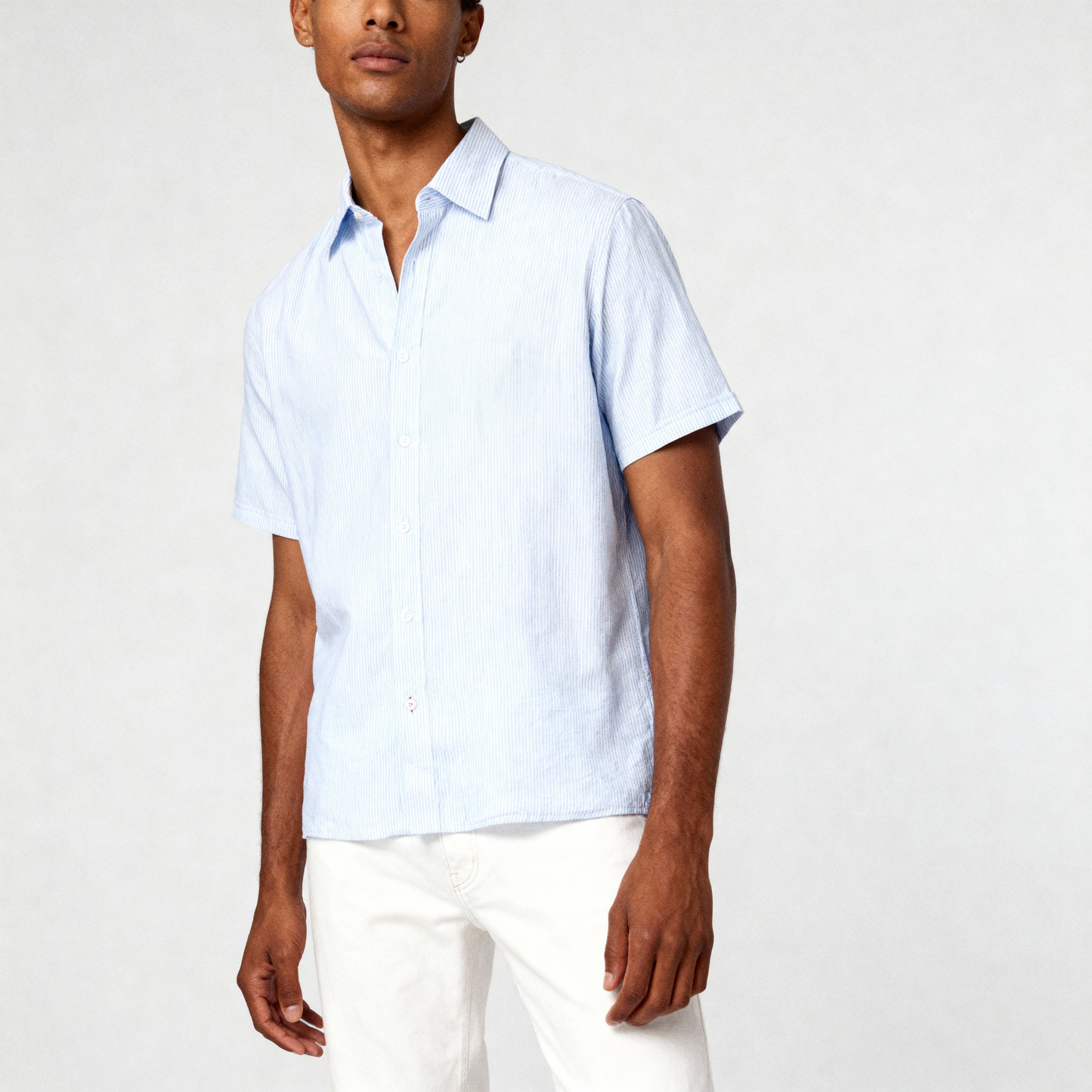 Men's Blue Stripe Short Sleeve Linen Blend Shirt