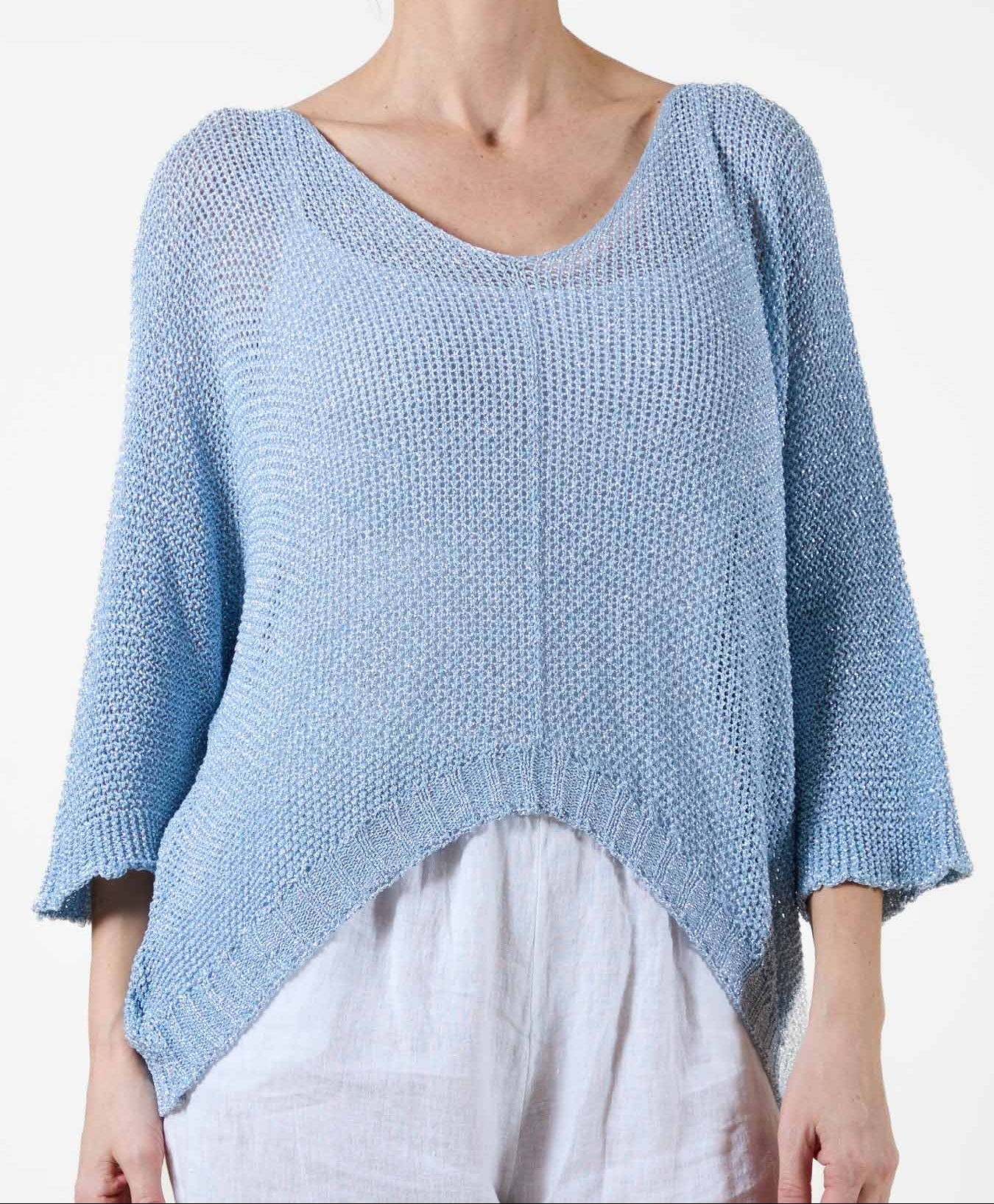 Blue Lurex Pull-On Sweater with 3/4 Sleeves