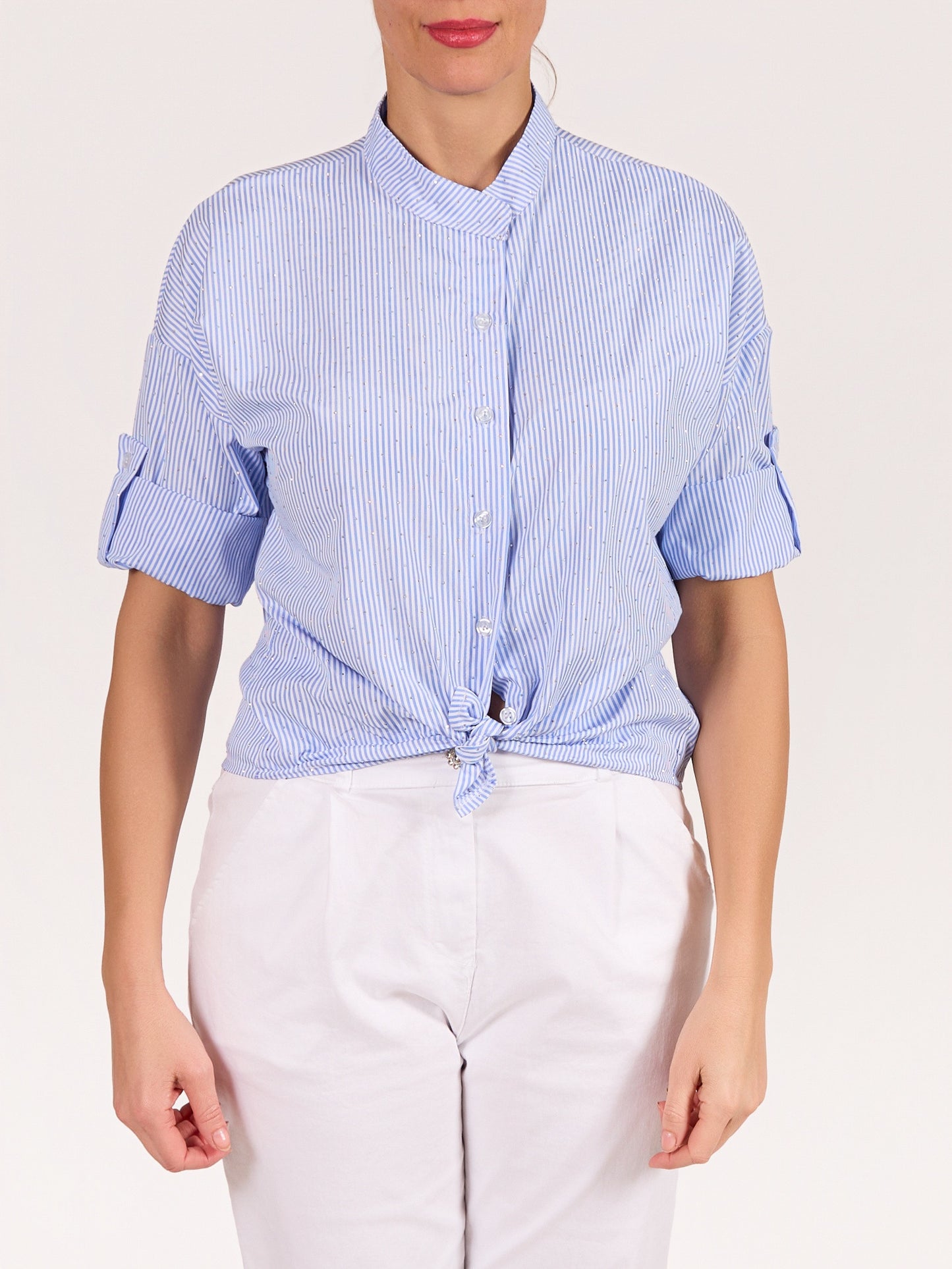 Blue Button Front Mandarin Collar Studded/Stripe Hi Low Shirt