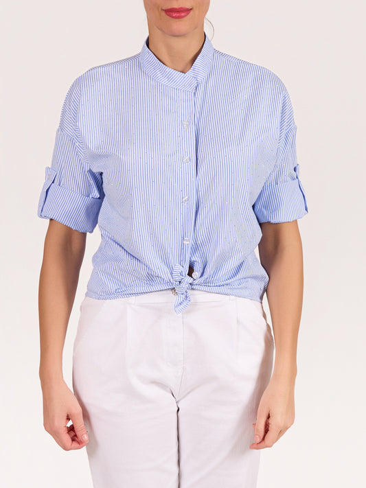 Blue Button Front Mandarin Collar Studded/Stripe Hi Low Shirt
