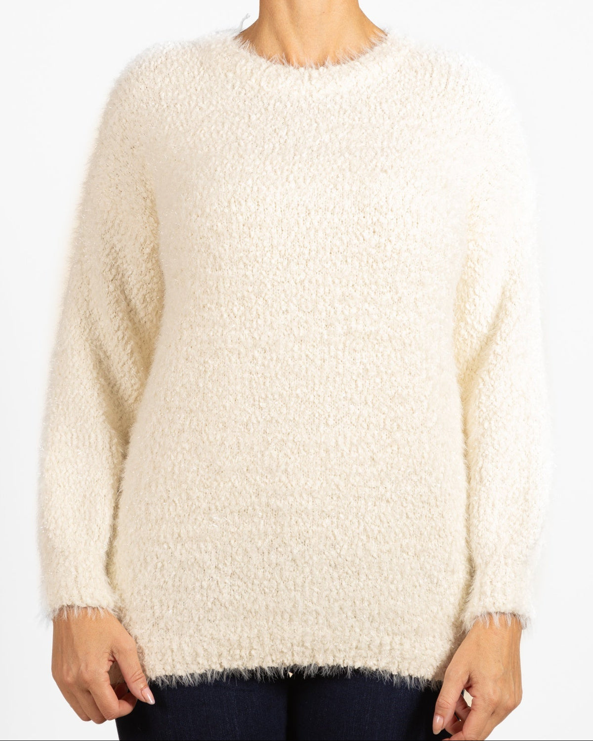 Ivory Round Neck Lurex Plush Sweater