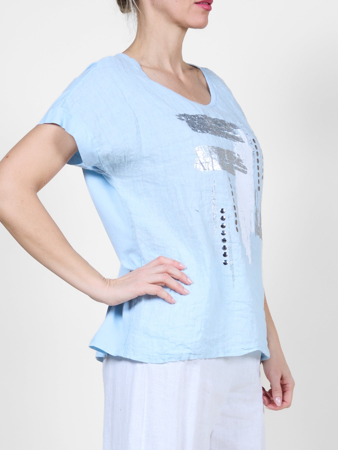 Airy Blue T-Shirt with Metallic Silver Brushstroke & Dot Design