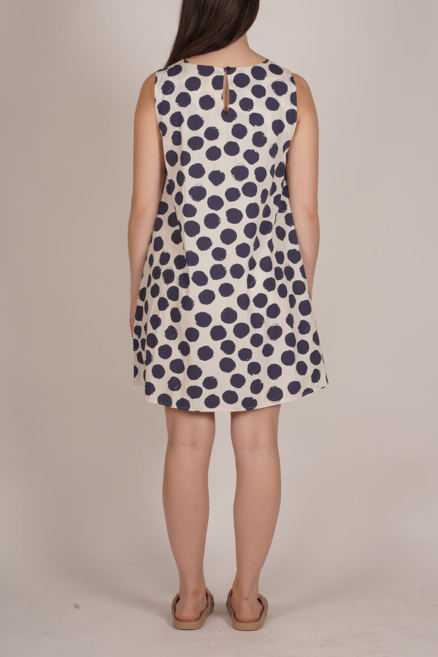 Midnight Polka Dot Sleeveless Dress with Pockets