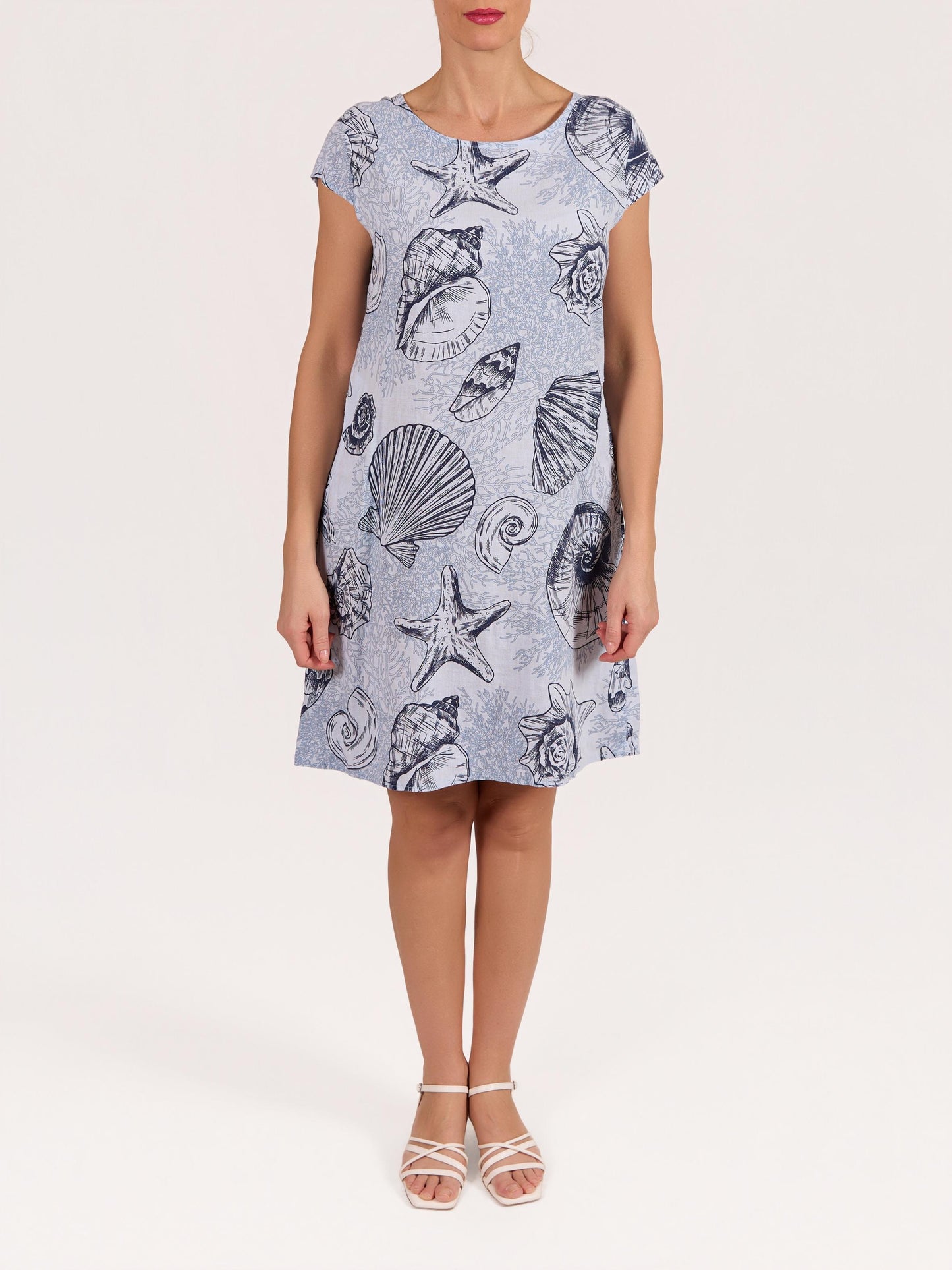 Blue Cap Sleeve Sea Shell Print Rib Side Dress