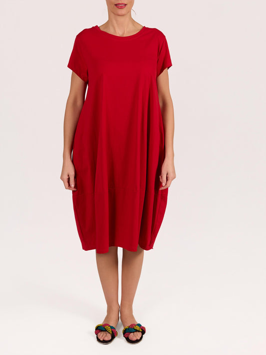 Red Short Sleeve Crew Neck Band Trim Dress