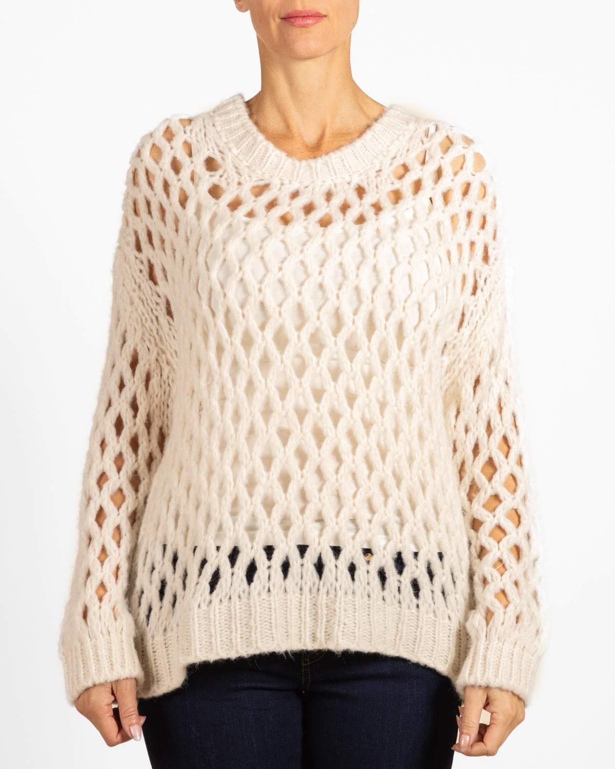 Snow Drop Shoulder Scoop Neck Open Diamond Weave Sweater