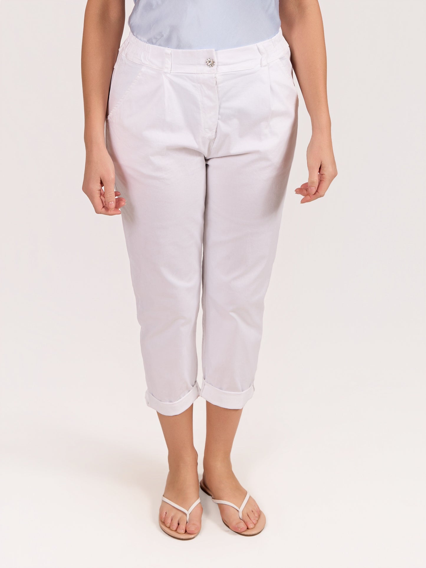 White Rhinestone Button Front Zip Pant