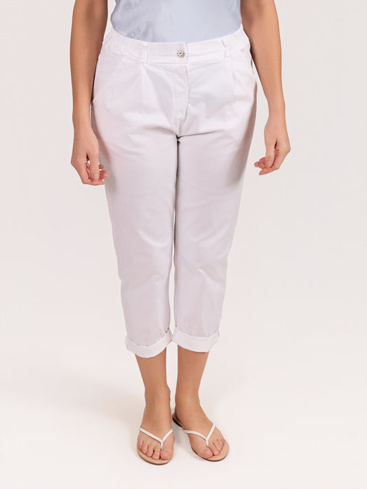 White Rhinestone Button Front Zip Pant