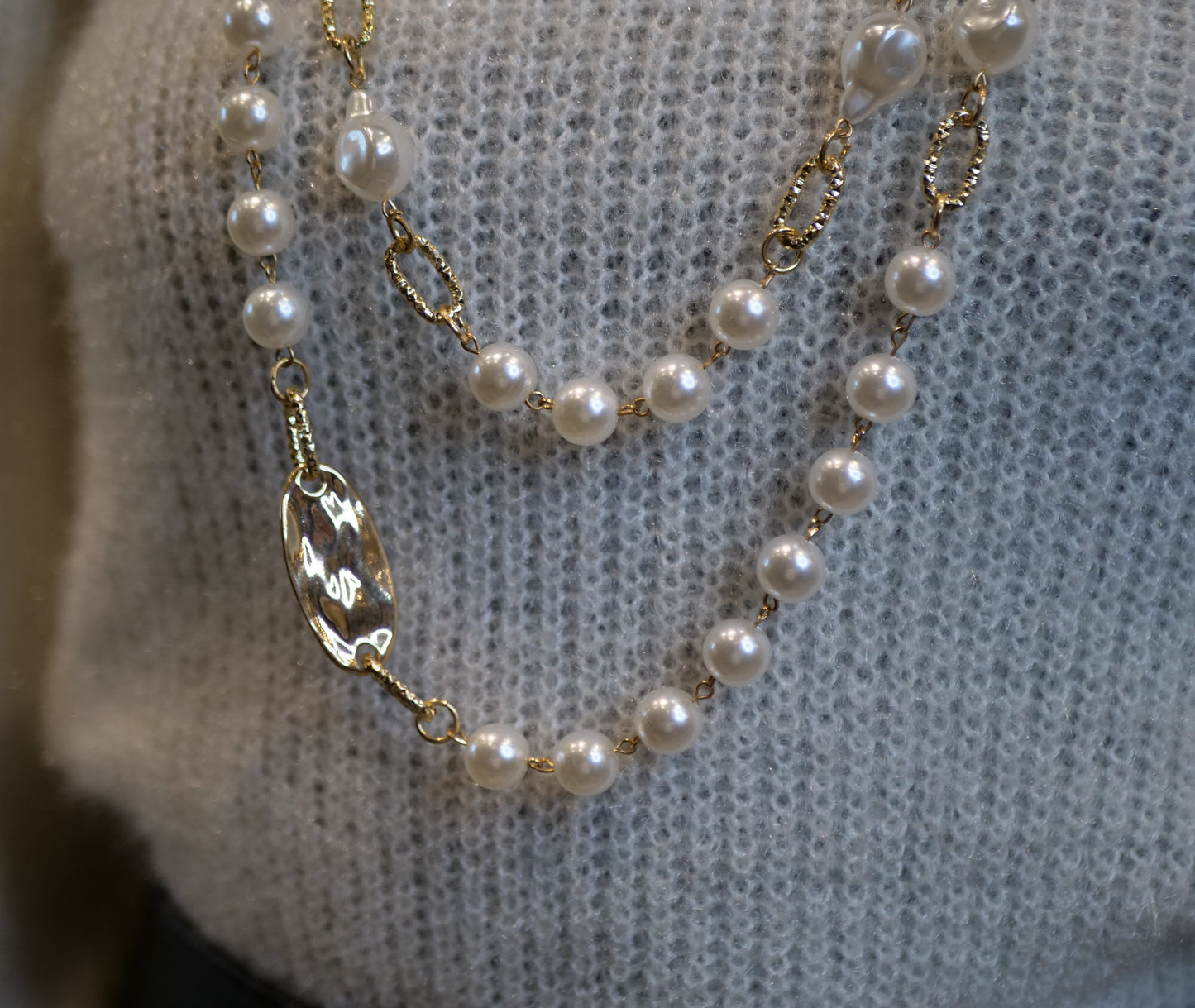 Gold Pearl Chain Necklace with Mixed Beads