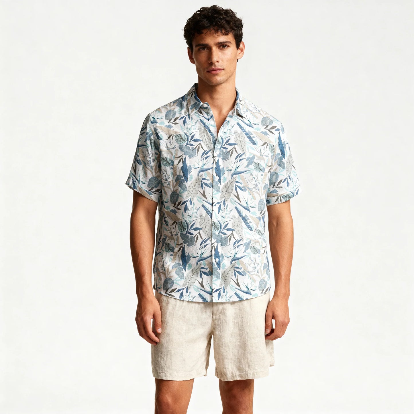 Men's Grey Floral Linen Blend Shirt