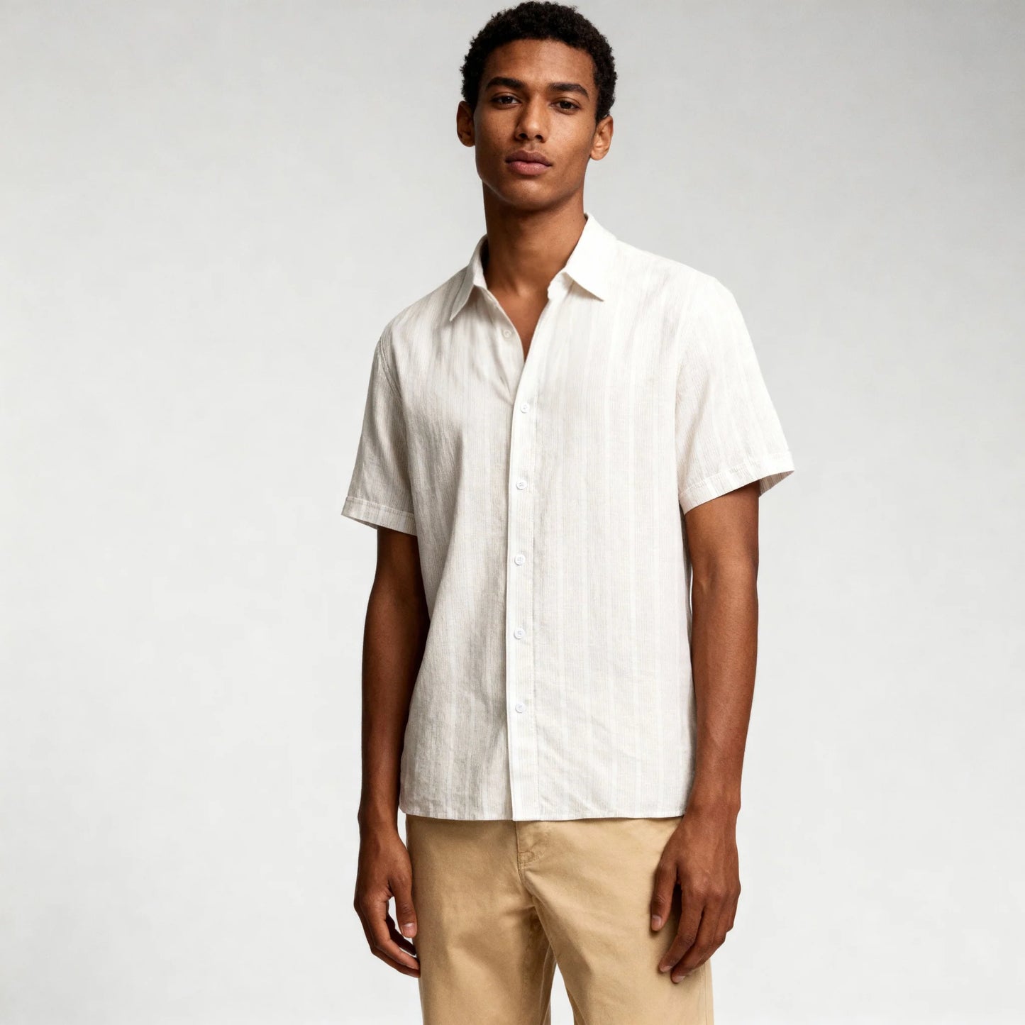 Men's Beige Linen Blend Stripe Shirt