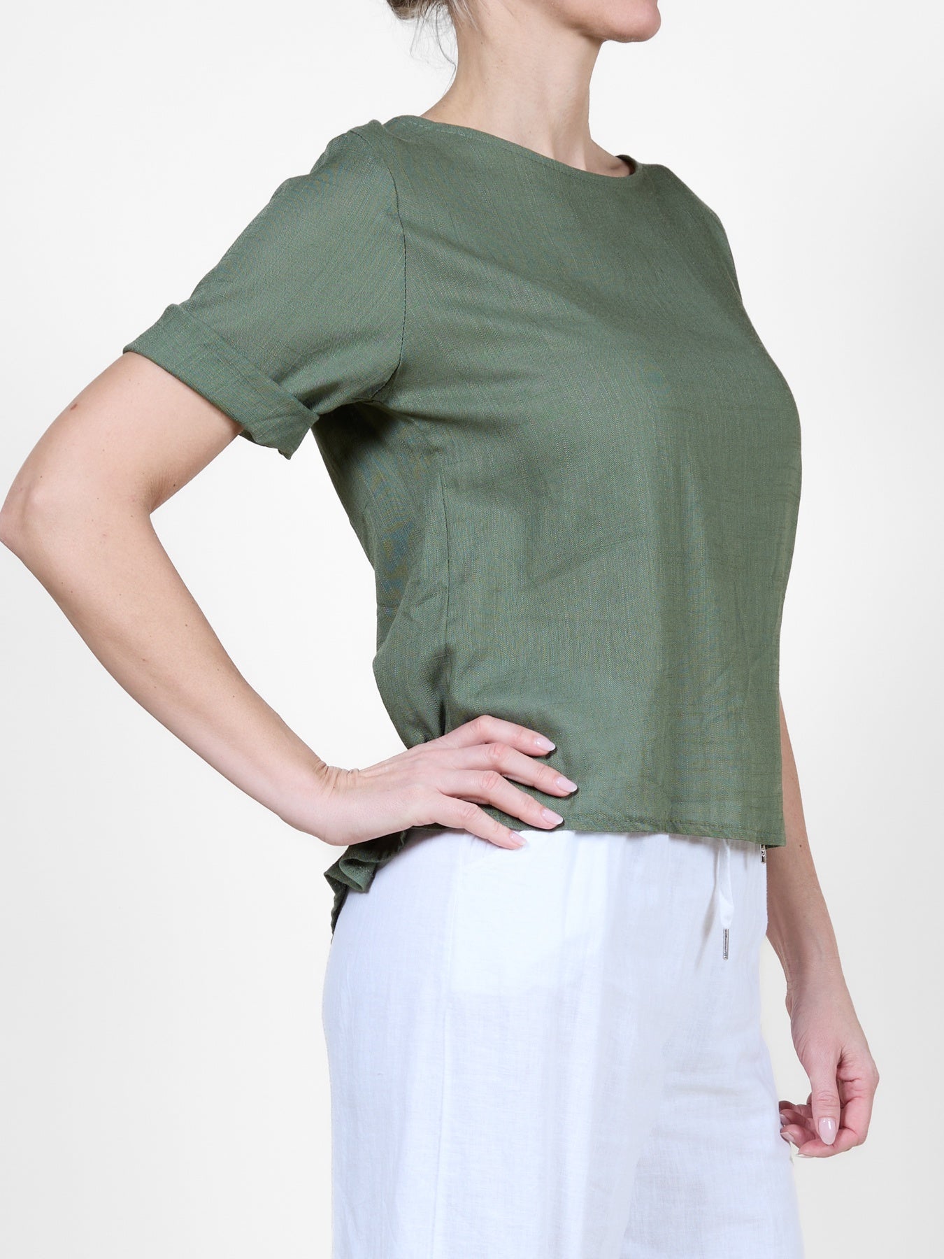 Military Cuffed Short-Sleeve Button-Back T-Shirt Blouse