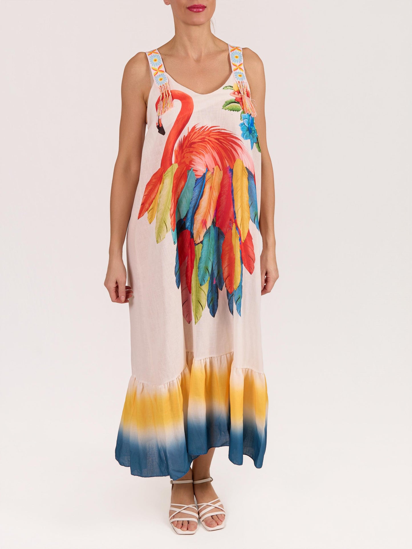 White Sleeveless Ribbon Strap Peasant Flamingo Maxi Dress