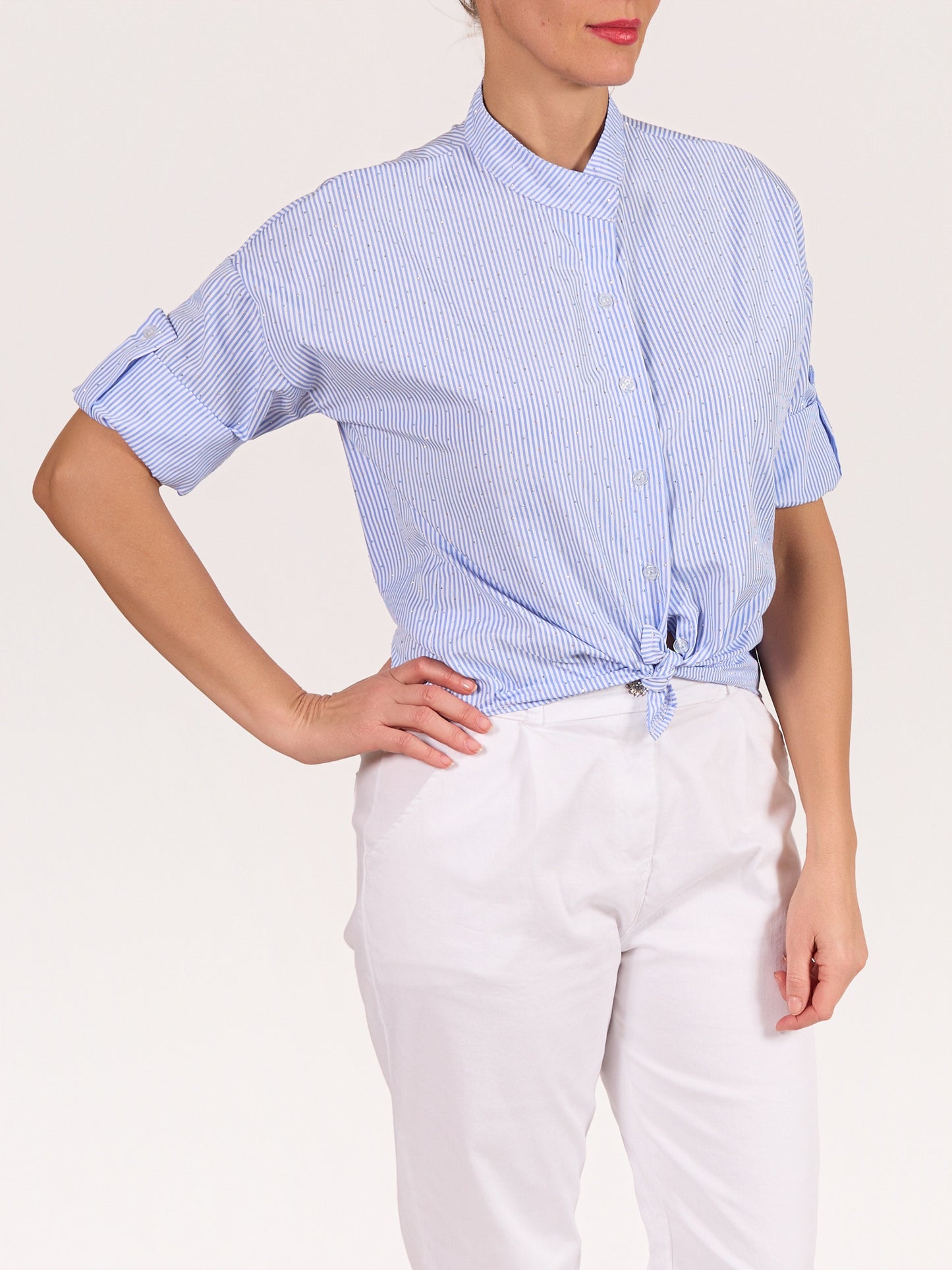 Blue Button Front Mandarin Collar Studded/Stripe Hi Low Shirt