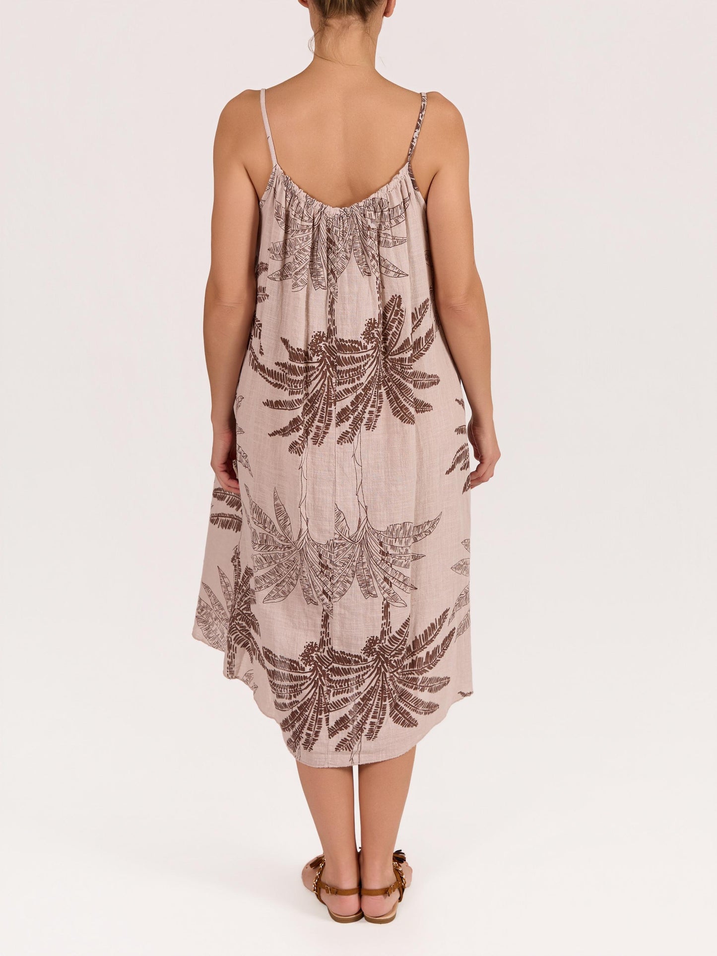Beige Spaghetti Strap Palm Floral Gauze Dress