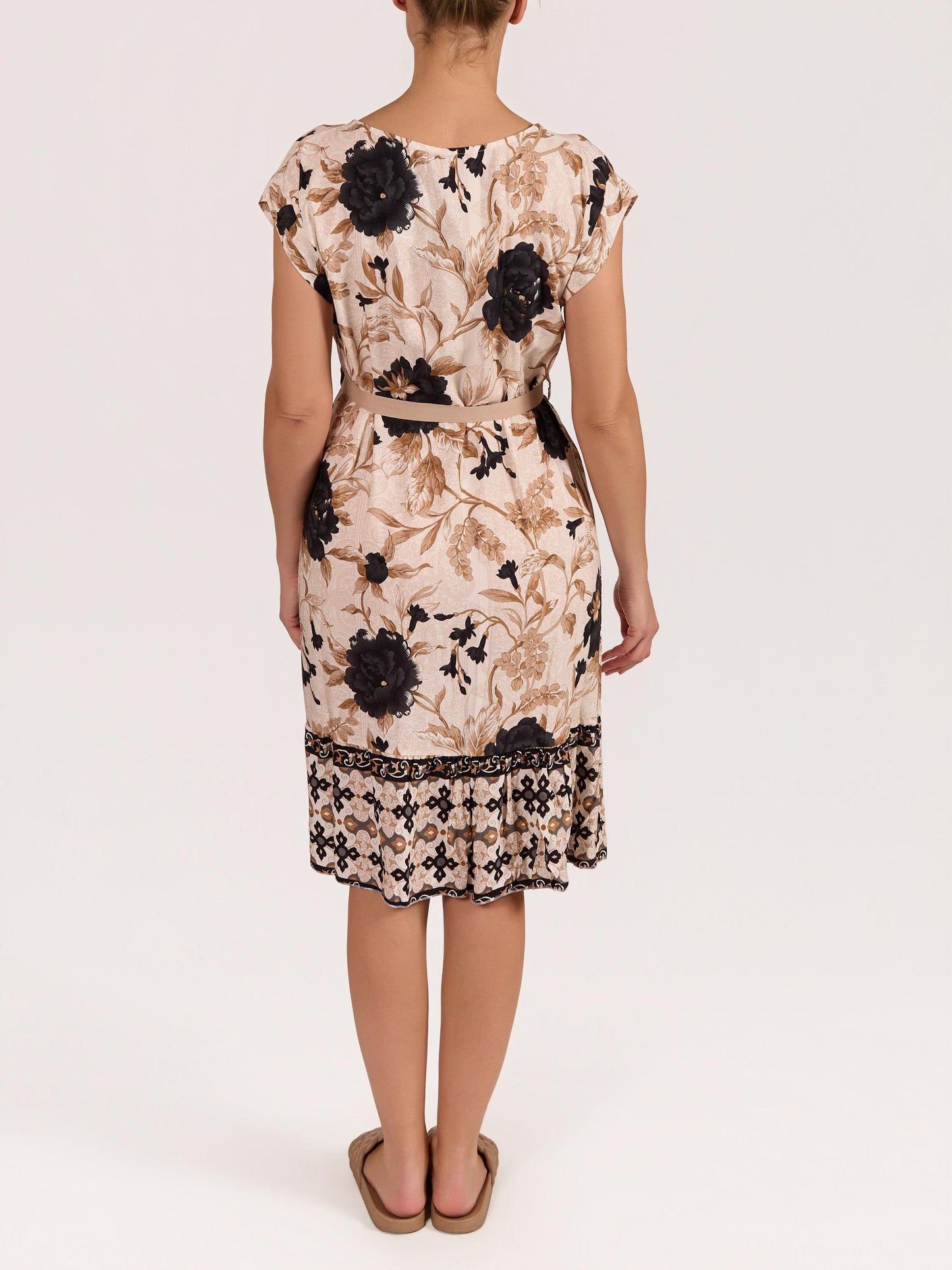 Black Boat Neck Short Sleeve Border Floral Peasant Ribbon Belt Dress
