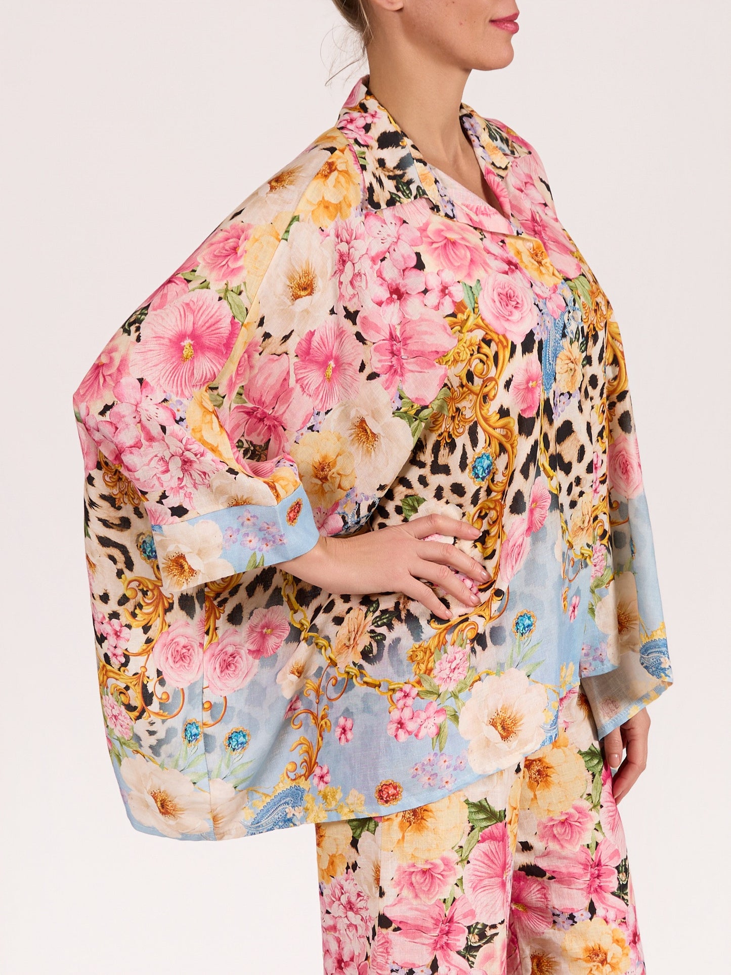 Rose Drop Shoulder Floral Tiger Button Front Shirt