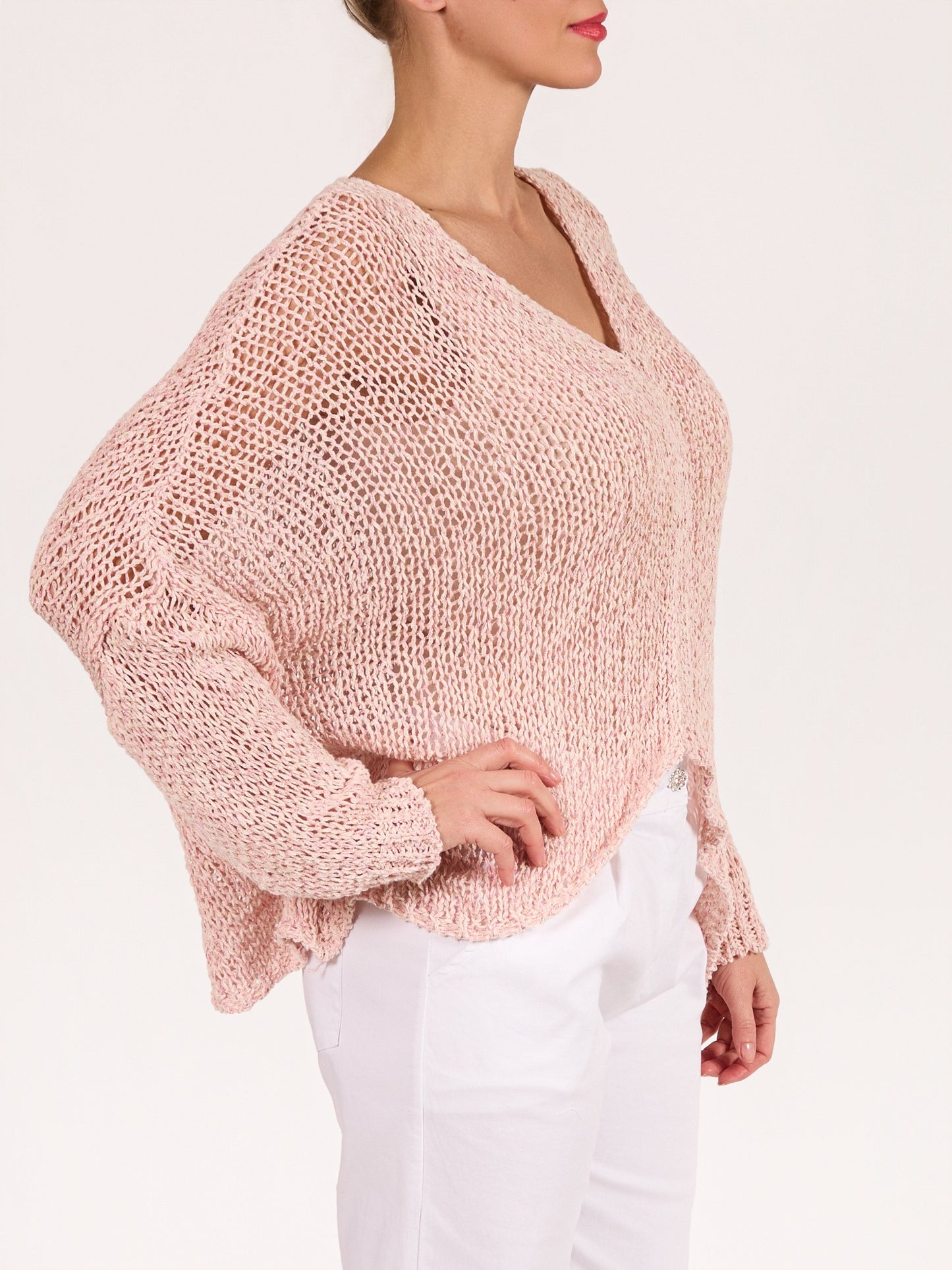 Rose V Neck Crochet Drop Shoulder Lurex Thread Sweater