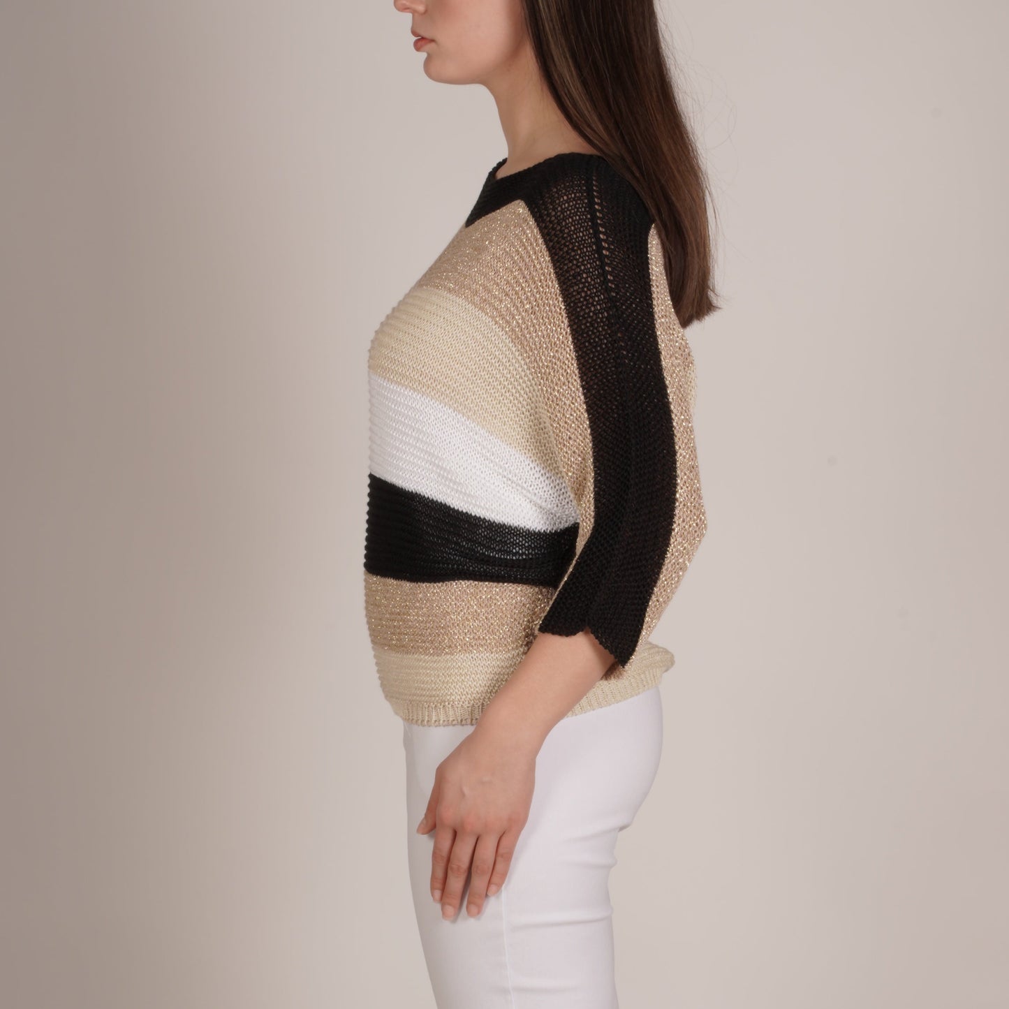 Black Loose Knit Pullover Sweater with Stripes