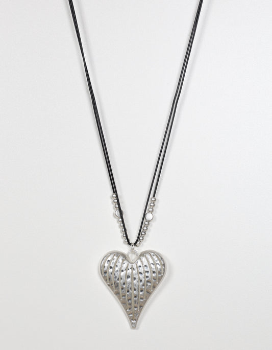 Silver Cord Necklace with Textured Heart Pendant