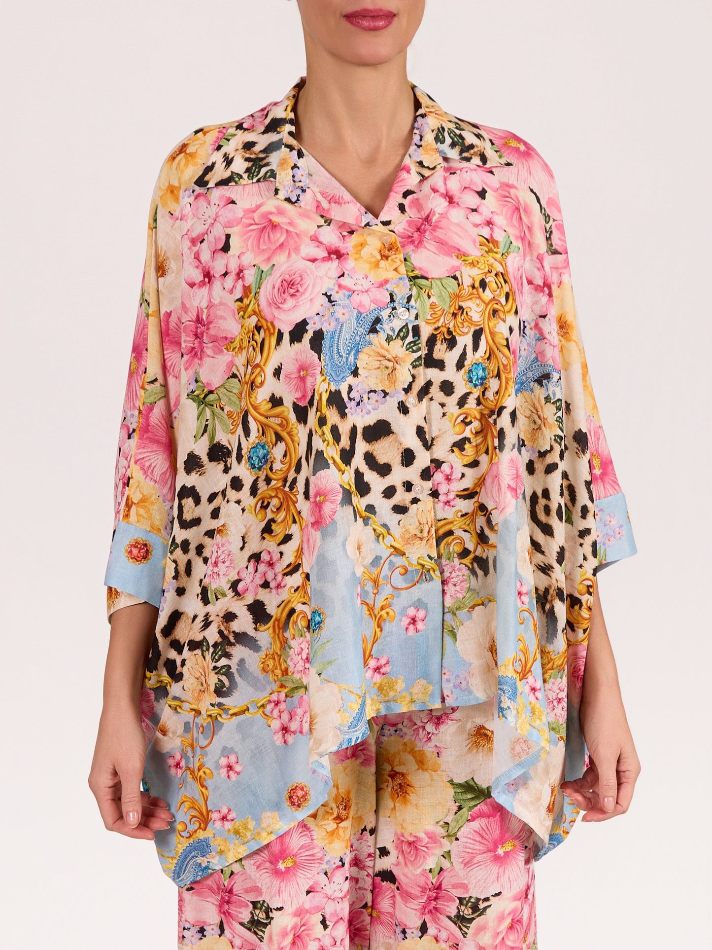 Rose Drop Shoulder Floral Tiger Button Front Shirt