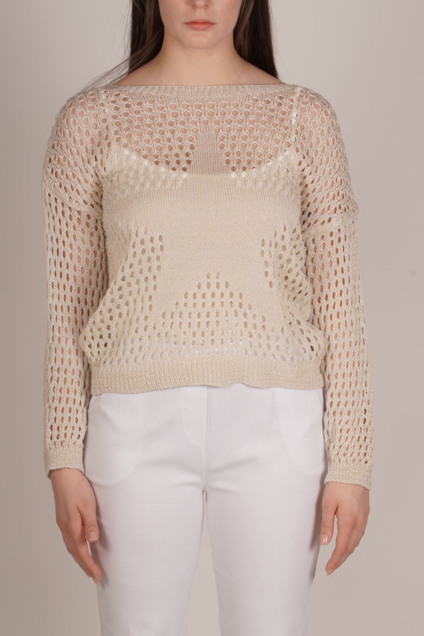 Sand Long Sleeve Boat Neck Star Front Long Sleeve Top