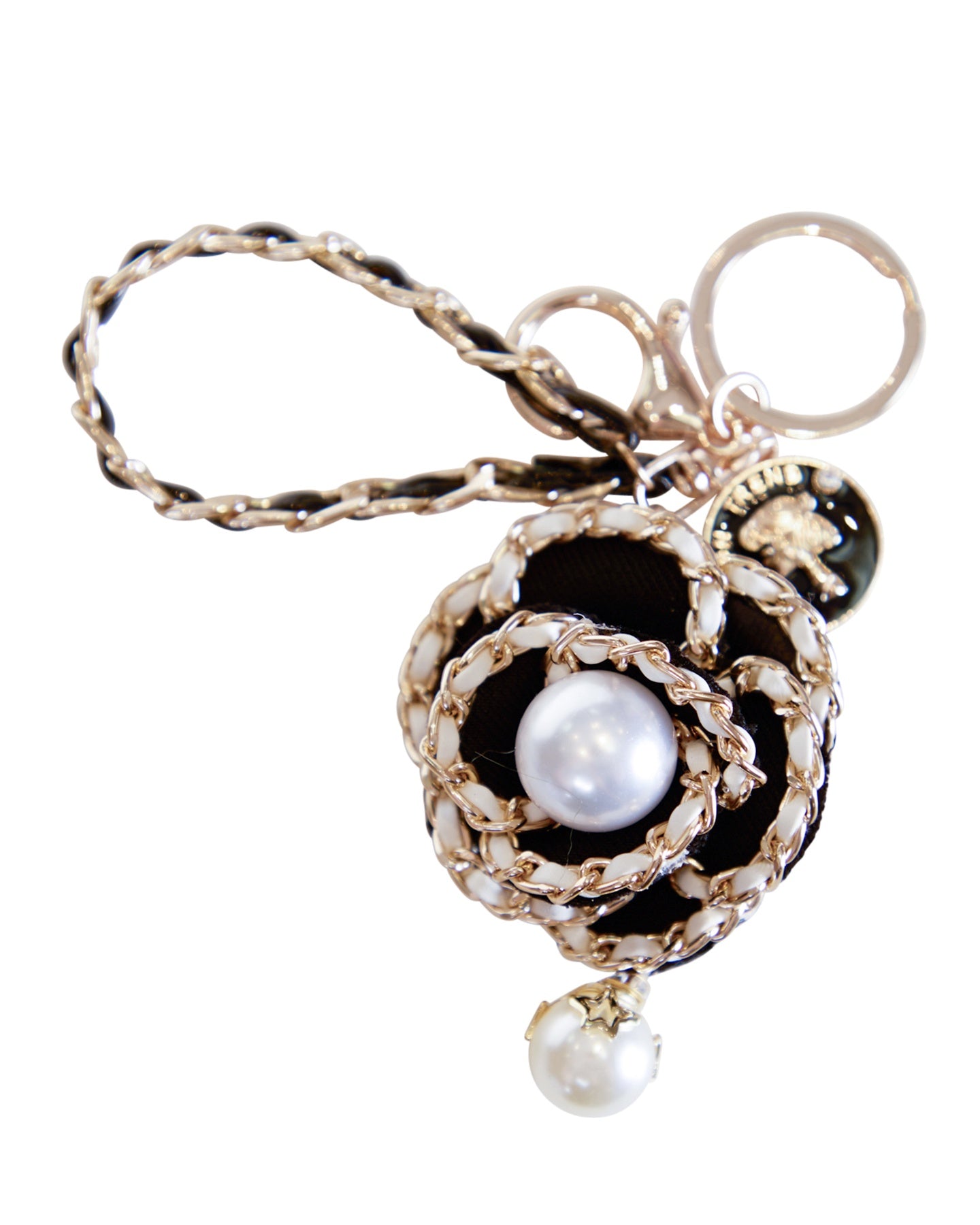 Porte-clés Chaîne Torsadée en Cuir Noir et Doré avec Fleur en Noir et Perle

