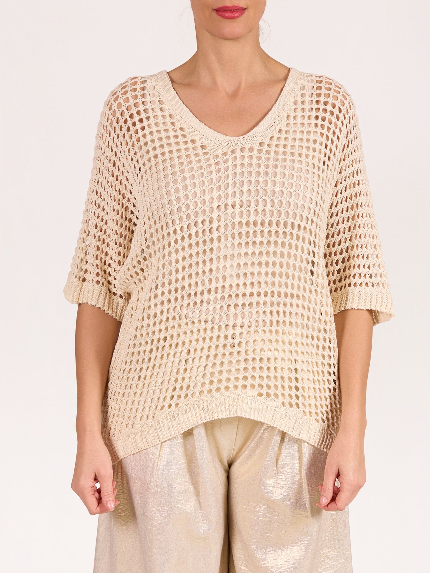 Beige V Neck Drop Shoulder Crochet Sweater